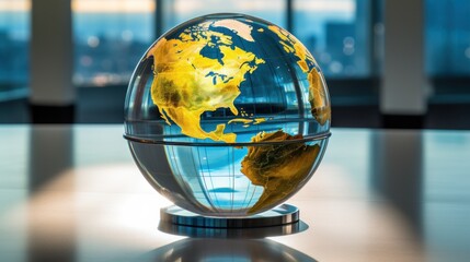  a glass globe sits on a table in front of a window with a view of the earth in the center.