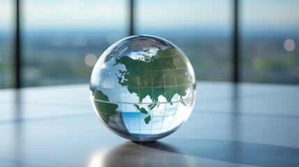  a glass globe sitting on top of a table in front of a window with a view of the city below.