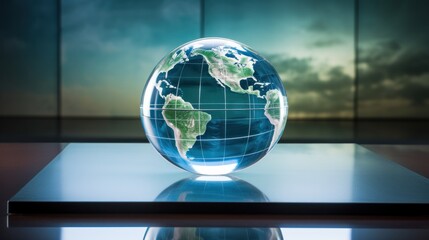  a glass globe sitting on a table in front of a blue sky with a green and white map of the world on it.