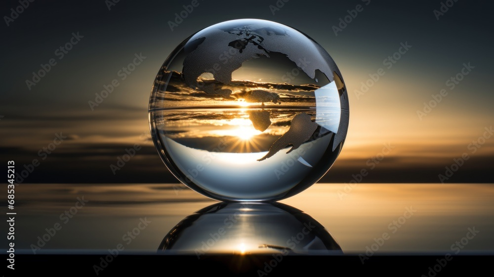 Poster an egg with a reflection of the earth in it on a reflective surface with the sun setting in the back