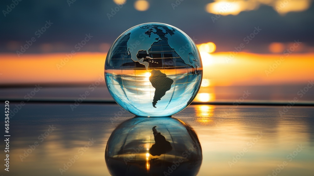 Poster a glass globe sitting on top of a table with the sun setting in the background and a silhouette of a