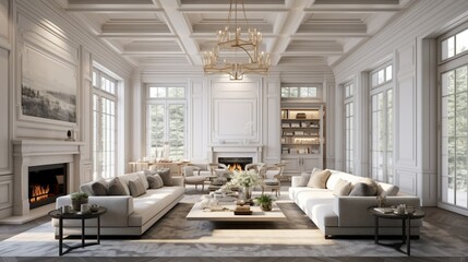 A spacious living room with an elegant coffered ceiling featuring intricate molding and concealed lighting.