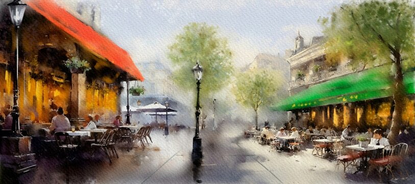 Watercolor paintings landscape, cafe in the city
