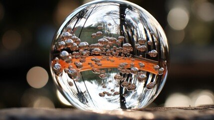  a glass ball filled with bubbles on top of a wooden table with a blurry background of trees and a body of water in the background.
