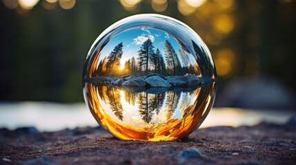  a glass ball sitting on top of a dirt ground next to a lake with trees in the reflection of it.