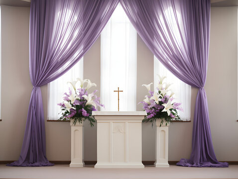 Church altar decorated for Easter with lilies and purple drapes.