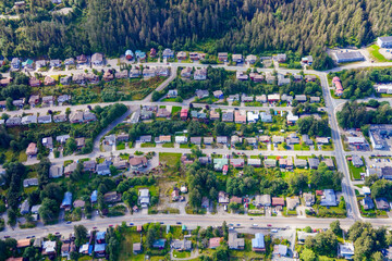 Aerial view of Douglas, an oceanfront residential neighborhood facing Juneau, the capital city of...