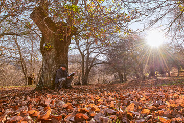 hombre adulto en un bosque de castaños con un ambiente otoñal 