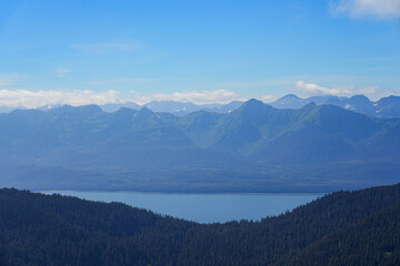 Aerial view of a snow-capped mountain range north of Juneau, Alaska