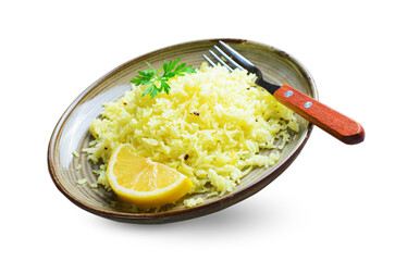 Yellow Rice, Turmeric Rice on White Background with Lemon, Ginger and Fenugreek