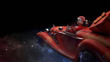 Santa in a car above the space, gift boxes, isolated background, 3d render