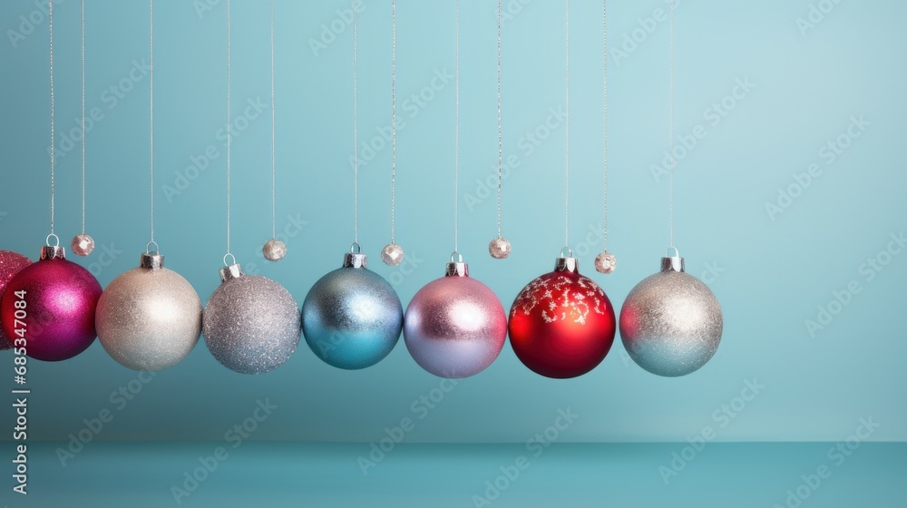 Poster a row of christmas ornaments hanging from strings on a blue background with copy - space in the bott