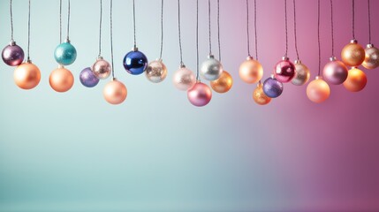  a bunch of different colored ornaments hanging from a line on a blue, pink, purple, and green background.
