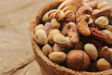 Nuts in assortment delicious and healthy close-up, healthy snack
