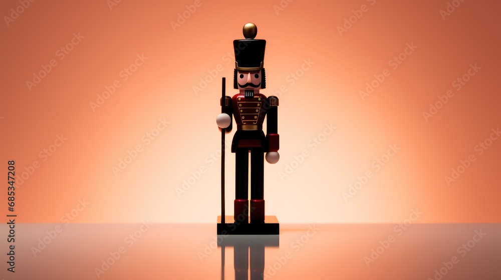 Poster a nutcracker figurine is standing on a reflective surface with a light orange back ground behind it.