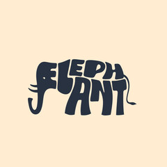 Word image Elephant. Black text based or wordmark logo. Elephant Word art. Elegant vector illustration. Design with illustration of elephant on letter E, L, E, P, H, A, N, T.