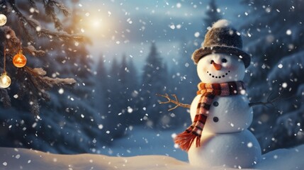  a snowman wearing a hat and scarf standing in the snow with a christmas tree and lights in the background.