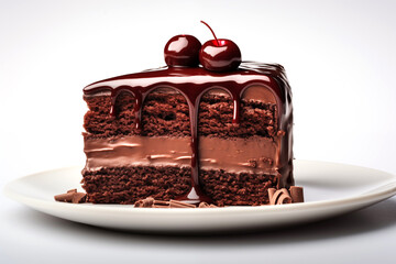 Delicious chocolate cake on plate on table on light background