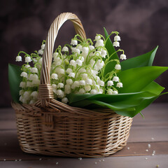 Basket with white lilies of the valley on wooden table Spring Spring Flowers