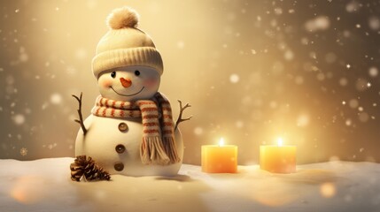  a snowman with a knitted hat and scarf next to a lit candle in the snow with a snowy background.