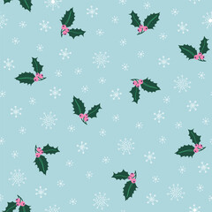 Christmas seamless pattern with holly berry and snowflakes on blue background. Retro style hand drawn vector illustration for Winter holidays.