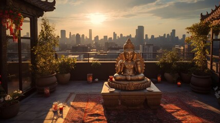 A sun-kissed rooftop shrine with a Ganesh statue, offering a panoramic view of the city below. - obrazy, fototapety, plakaty