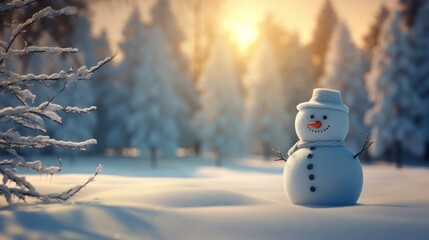 Fototapeta premium a snowman is standing in the middle of a snowy field with trees in the background and the sun shining through the trees.