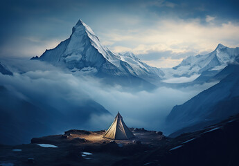View of tent camping landscape with mountains. Sunrise. amazing landscape of mountains.