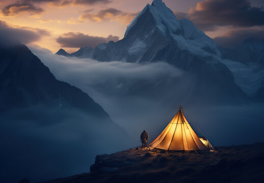 View of tent camping landscape with mountains. Sunrise. amazing landscape of mountains.