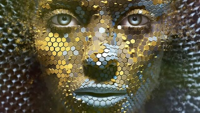 Golden Mosaic Fragmentation of a 3D model portrait