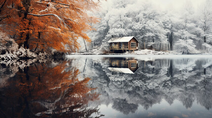 Scenery view of a lake house in autumn with first snow. Amazing fall colours. foggy morning   