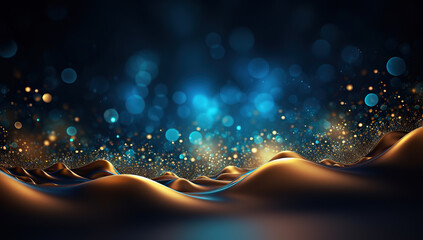 Glowing bokeh in golden and blue colours. Abstract wallpaper with empty space.