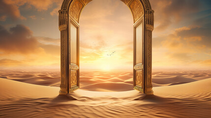 Door to heaven. Glowing desert and mountains.