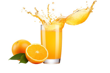 Orange fruit slice and juice glass with splash and drops isolated on white