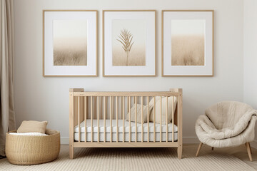 Photo scene baby room with frames, natural colors, minimalism