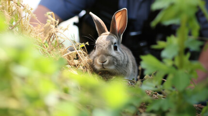 Obraz premium Cute fluffy rabbit on green grass outdoors