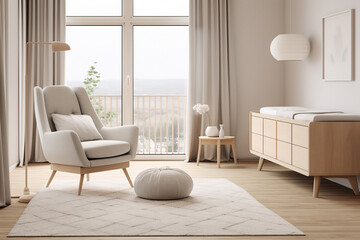 Baby room, scandinavian style, realistic furniture minimalism