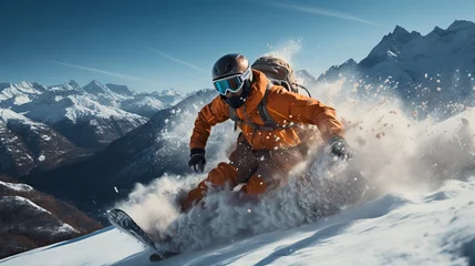 Fotobehang Snowboarders energetically descending the slope, kicking up swirls of snow on a clear sunny day. Concept: Skiing, family vacation in snow-capped mountains, winter resort on an alpine slope © Marynkka_muis_ua