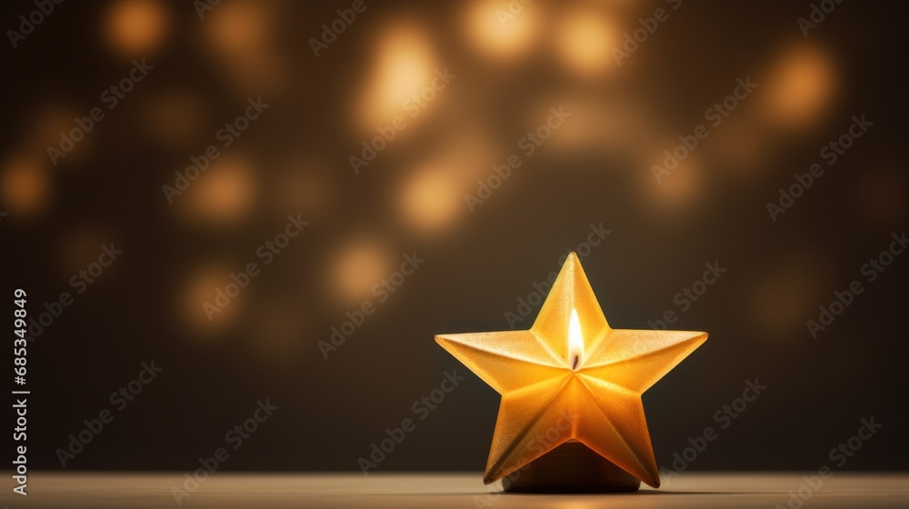 Poster a shiny gold star on a table with a blurry light in the backround of the image in the background.