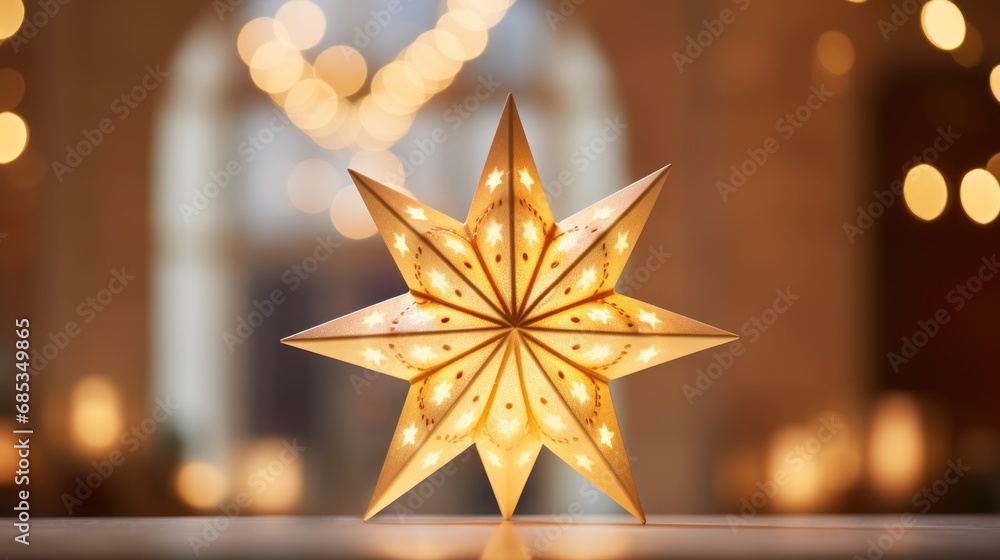 Poster a lighted star sitting on top of a table in front of a window with a lit candle in front of it.