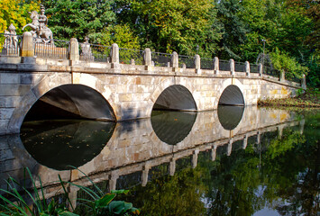 Arched bridge over the lake in Royal Lazienki Park, Warsaw, Poland with reflections
