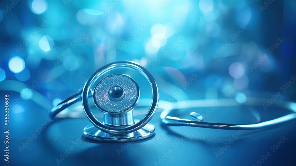 Poster a stethoscope laying on top of a table with blurry lights in the background of the image.