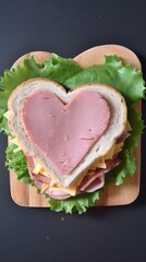 Heart-shaped sandwich, a romantic twist to a classic, symbolizing love and affection. Perfect for Valentine's Day breakfast or lunch, expressing care through culinary creativity.