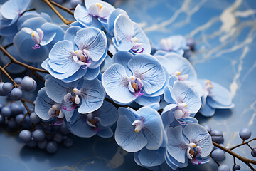 Blue orchids on a marble background. Exotic flowers close-up. Floral backdrop. - obrazy, fototapety, plakaty
