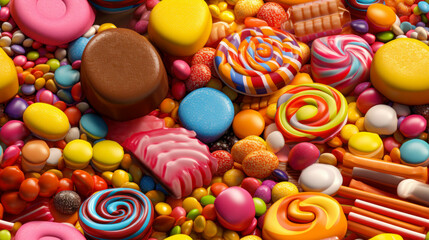 Realistic Different Types Of Candies In 3D, Candies Texture Concept, With Marshmallows, Lollipops, Sugared Almonds, Fruity Candies, Jelly Candies. Colorful Sweet Candies