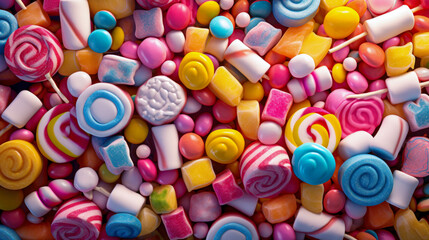 Fototapeta na wymiar Realistic Different Types Of Candies In 3D, Candies Texture Concept, With Marshmallows, Lollipops, Sugared Almonds, Fruity Candies, Jelly Candies. Colorful Sweet Candies