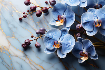 Blue orchids on a marble background. Exotic flowers close-up. Floral backdrop. - obrazy, fototapety, plakaty