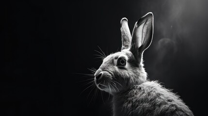  a black and white photo of a rabbit's face with smoke coming out of it's ears and ears.
