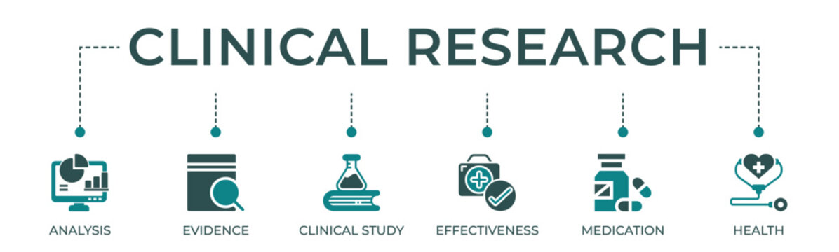 Clinical research banner website icon vector illustration concept with icon of analysis, evidence, clinical study, effectiveness, medications and health