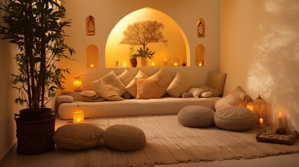 A tranquil meditation room with soft cushions and soothing colors, where one can connect with Lord Krishna's energy.